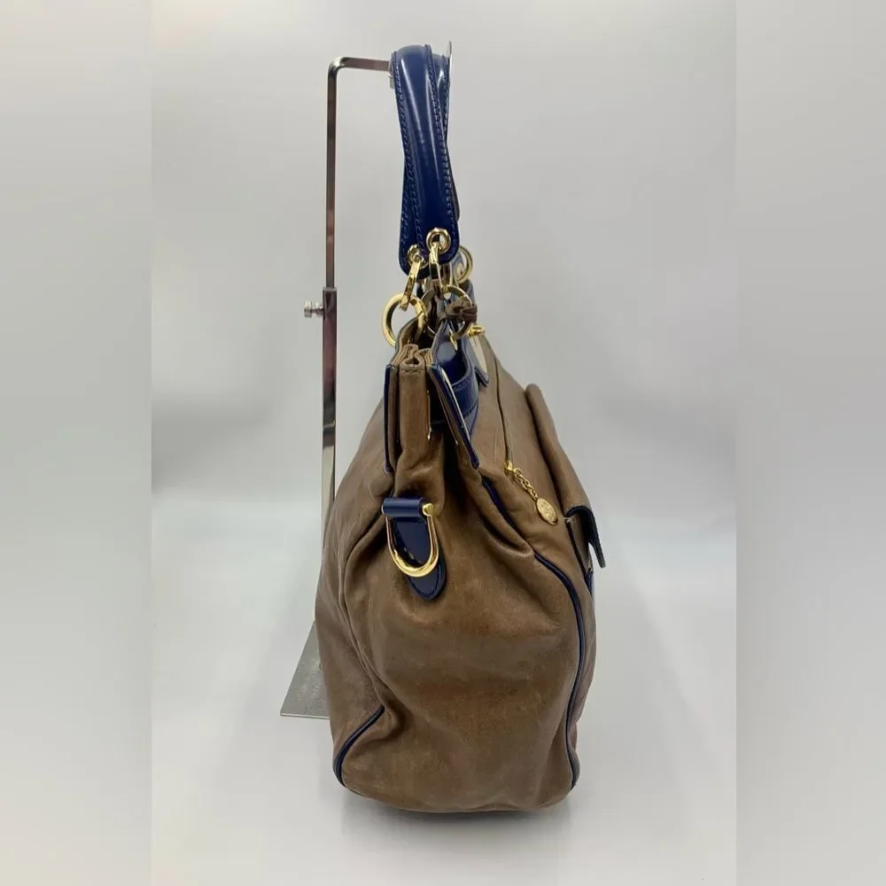Auth Balenciaga Smooth Brown Leather Navy Patent Top Handle Moon Bag Preloved